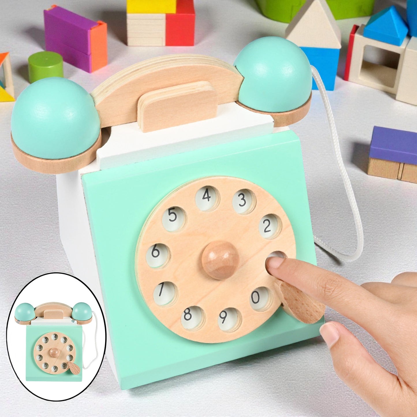 Téléphone Rotatif Antique en Bois – Jouet d’Imitation Éducatif