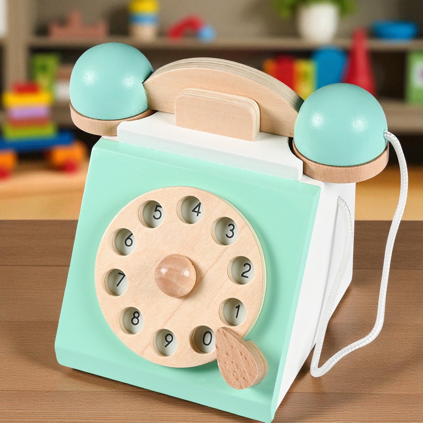 Téléphone Rotatif Antique en Bois – Jouet d’Imitation Éducatif
